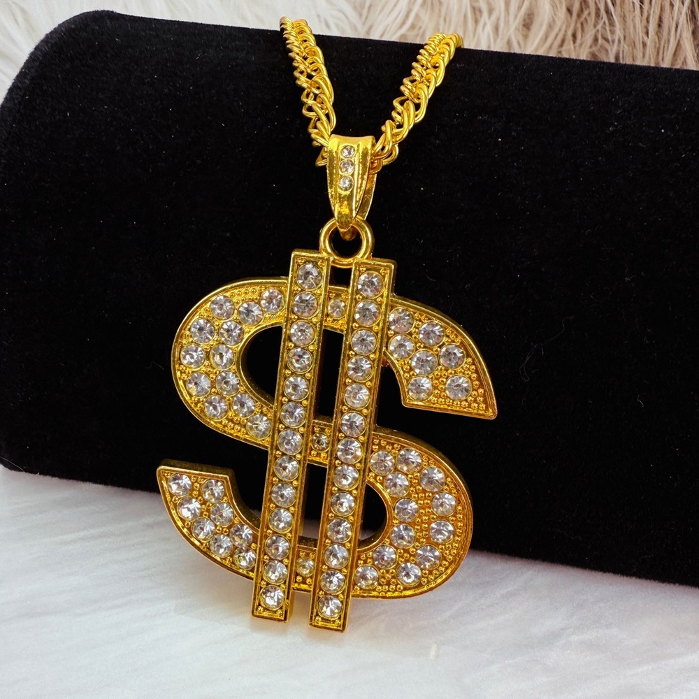 Goldtone Dollar Sign Bling Large Pendant Necklace + Coed Necklace - Picture 5 of 8